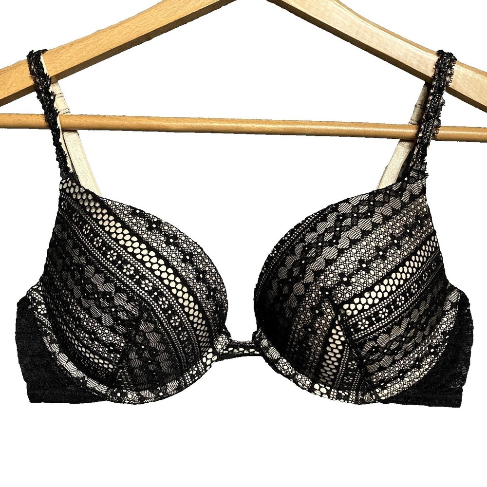 Victoria Secret Lace Illusion Bra 34C Plunge Push Up Multiway Black Mesh Overlay
